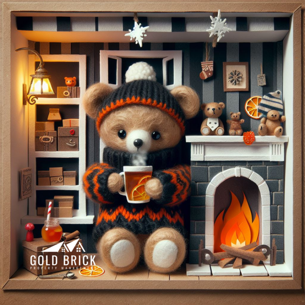 teddy bear drinking hot apple cider by the fire